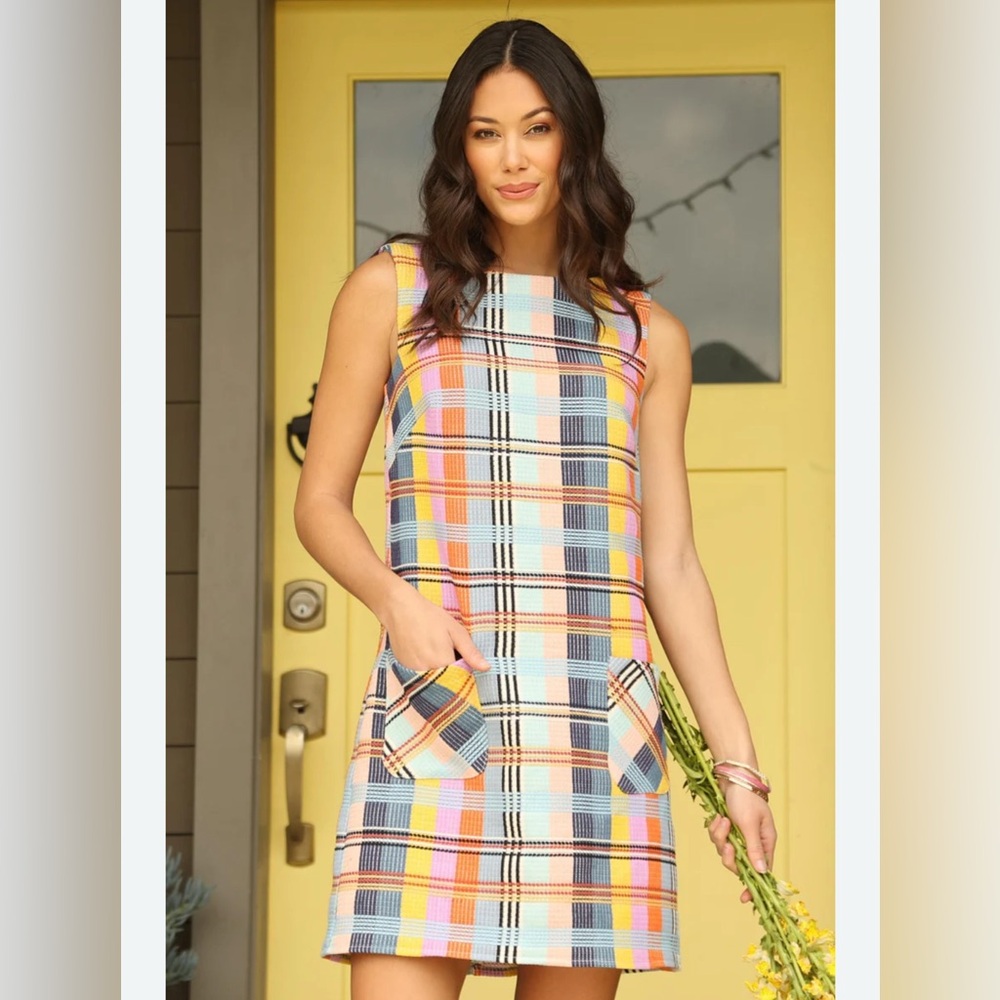 Eva Franco Anthropologie summer plaid shift cotton dress women’s size 4 s small
